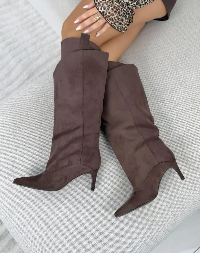 Bottes femme marron chocolat élégantes à talon fin et effet plissé