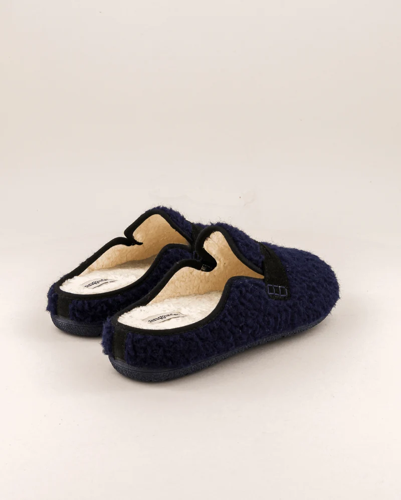 Mule homme Villars, bouclette laine marine et cuir suède noir
