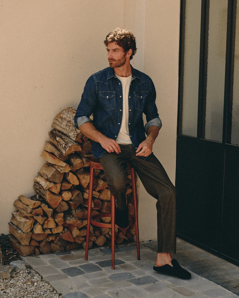 Mule homme Villars, bouclette laine marine et cuir suède noir