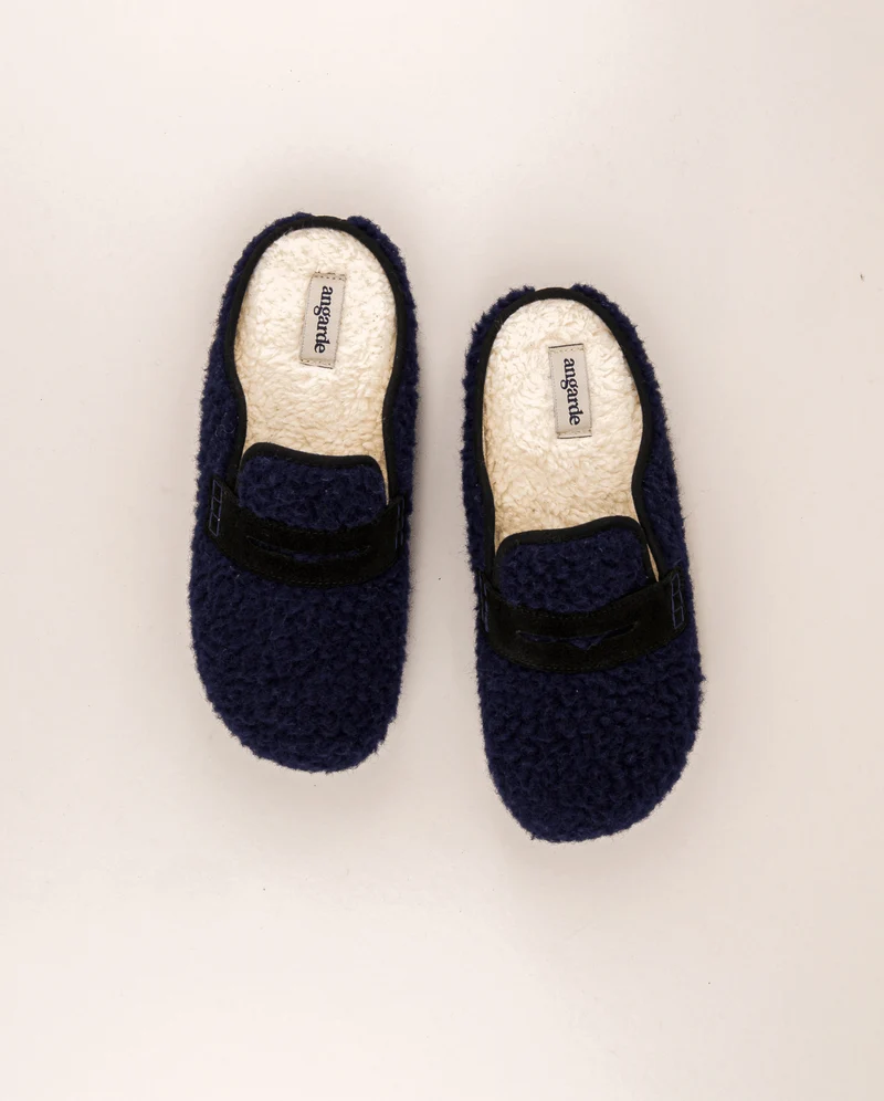 Mule homme Villars, bouclette laine marine et cuir suède noir