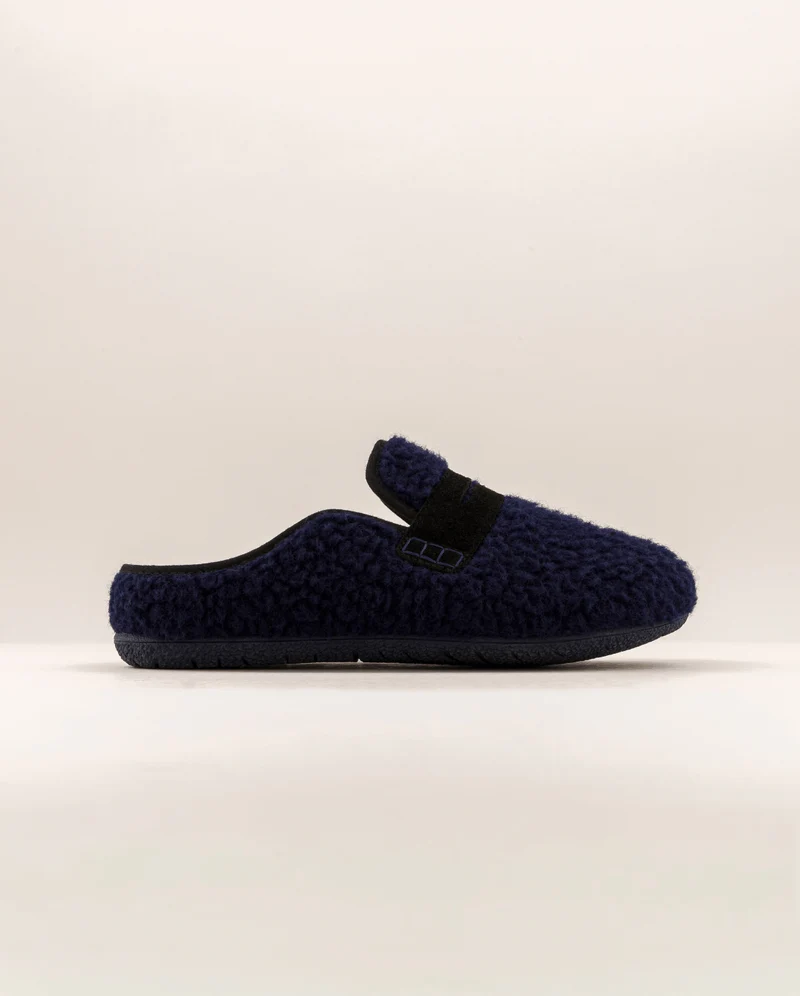 Mule homme Villars, bouclette laine marine et cuir suède noir