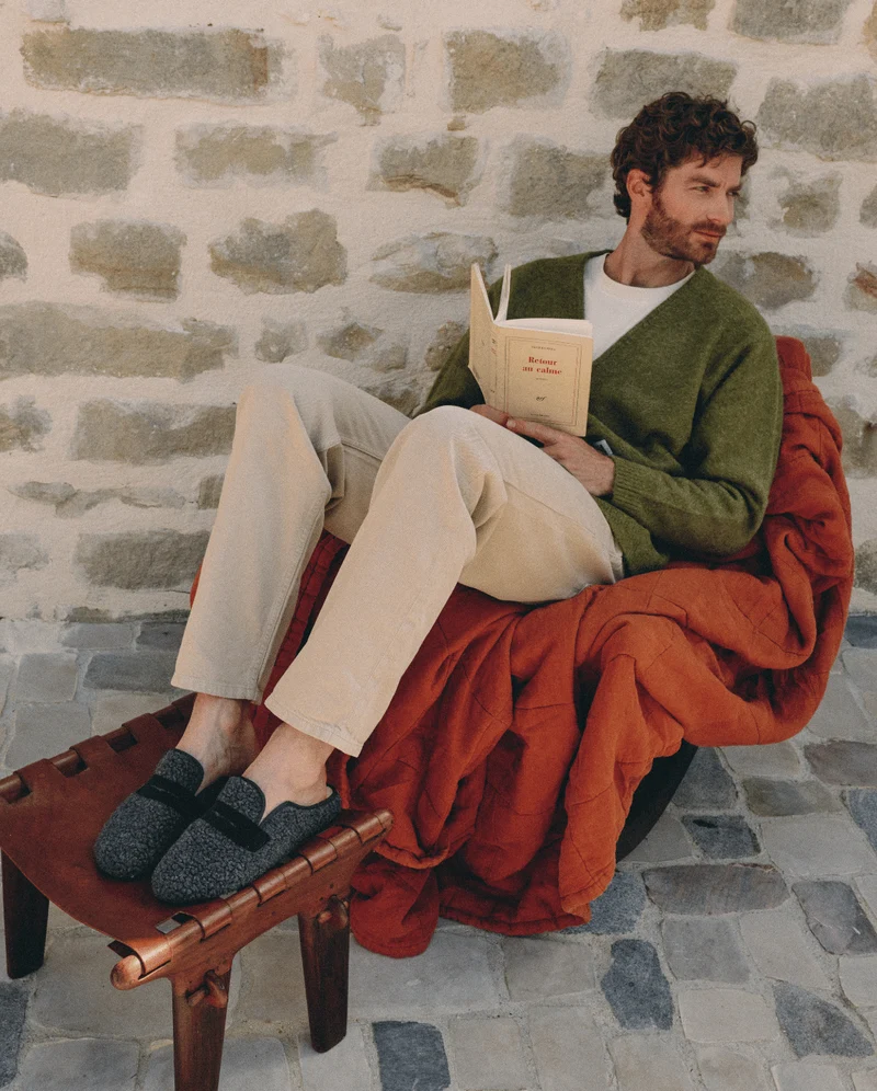 Mule homme Villars, Bouclette laine anthracite et cuir suède noir