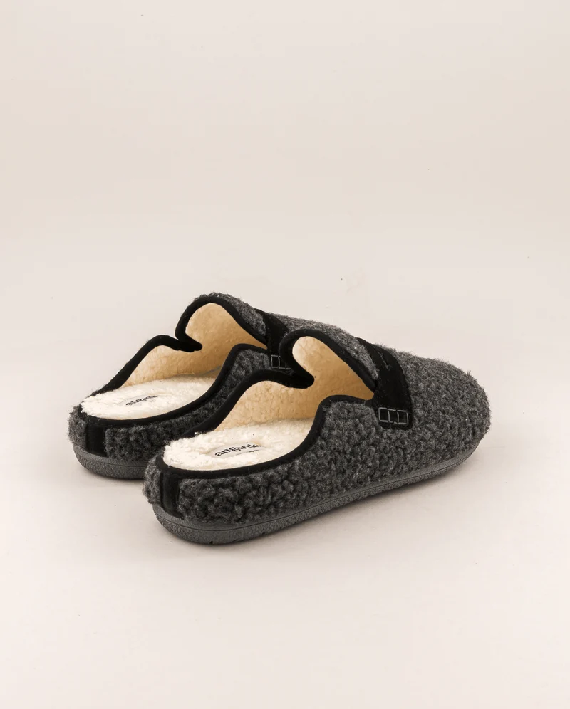 Mule homme Villars, Bouclette laine anthracite et cuir suède noir