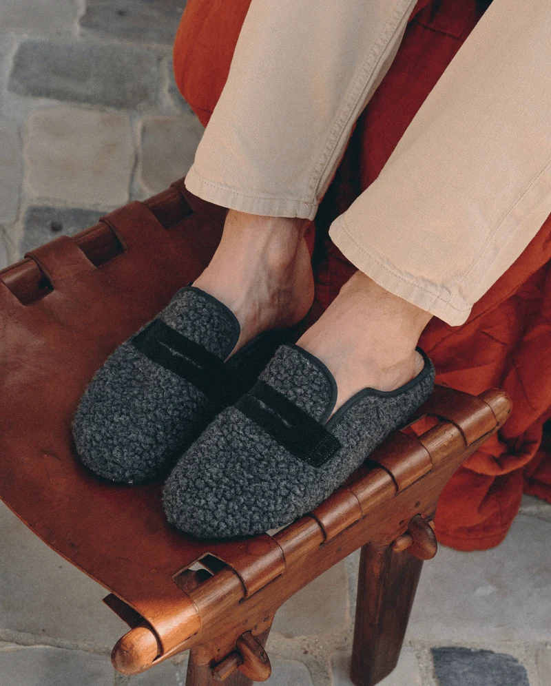 Mule homme Villars, Bouclette laine anthracite et cuir suède noir