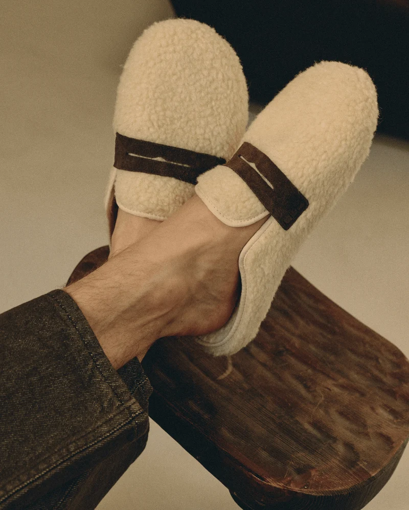 Mule homme Villars, Bouclette laine beige et cuir marron