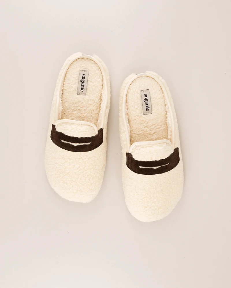 Mule homme Villars, Bouclette laine beige et cuir marron