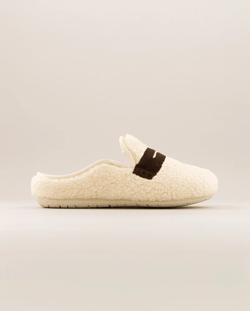 Mule homme Villars, Bouclette laine beige et cuir marron