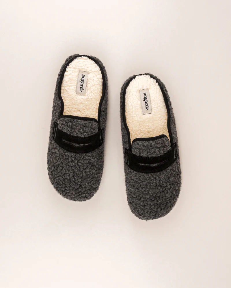 Mule femme Villars, Bouclette laine anthracite et cuir suède noir