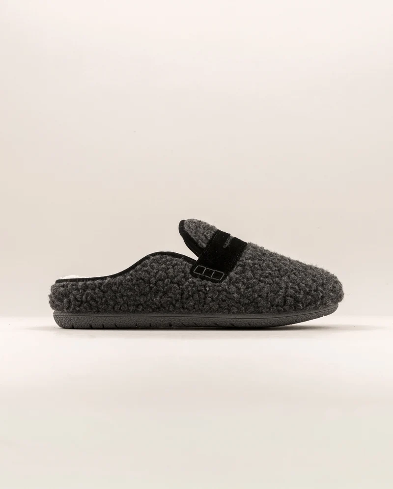 Mule femme Villars, Bouclette laine anthracite et cuir suède noir