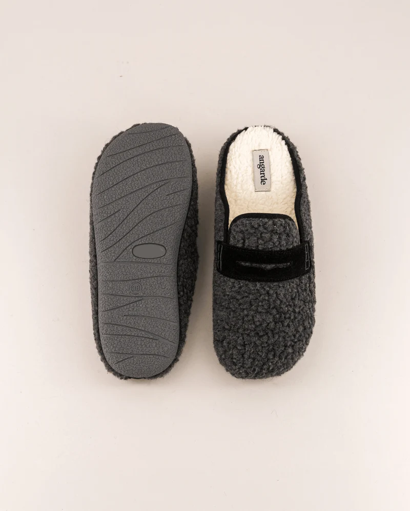 Mule femme Villars, Bouclette laine anthracite et cuir suède noir
