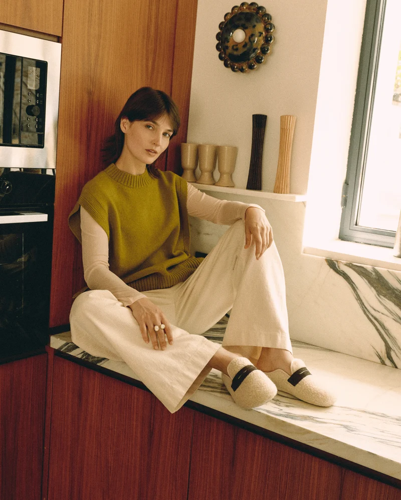 Mule femme Villars, Bouclette laine beige et cuir suède marron