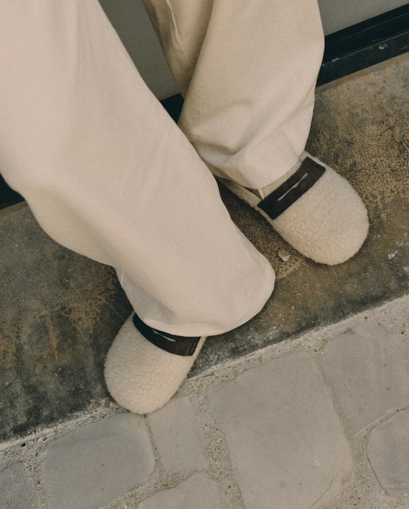 Mule femme Villars, Bouclette laine beige et cuir suède marron