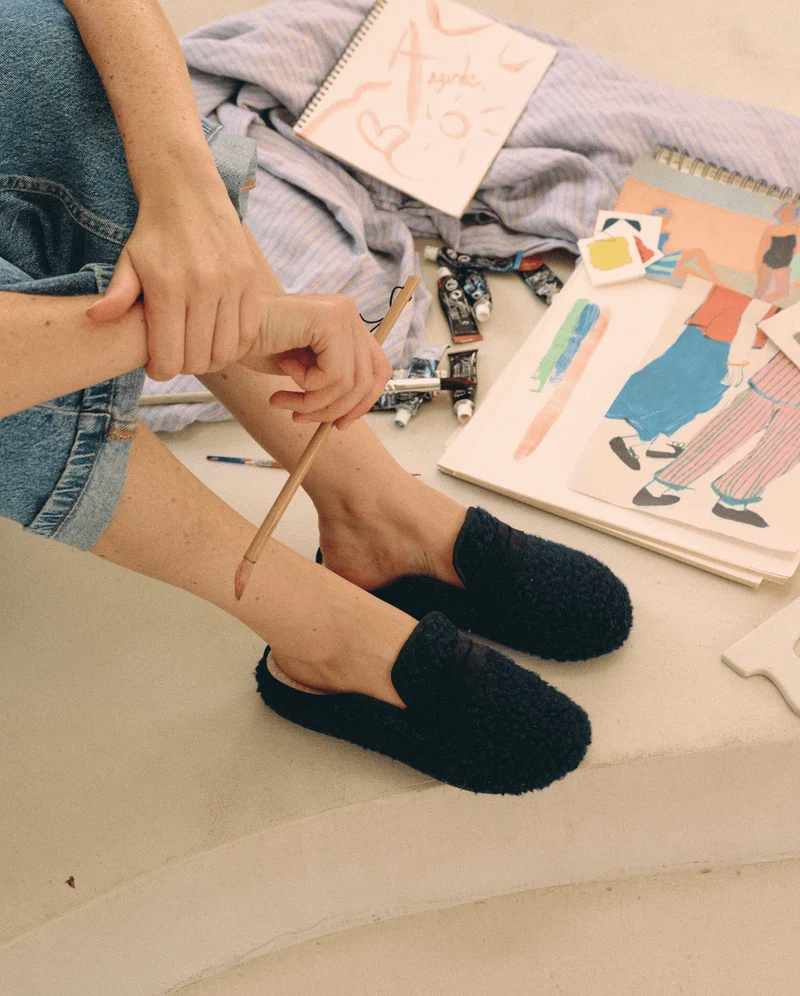 Mule femme Villars, Bouclette laine marine et cuir suède noir