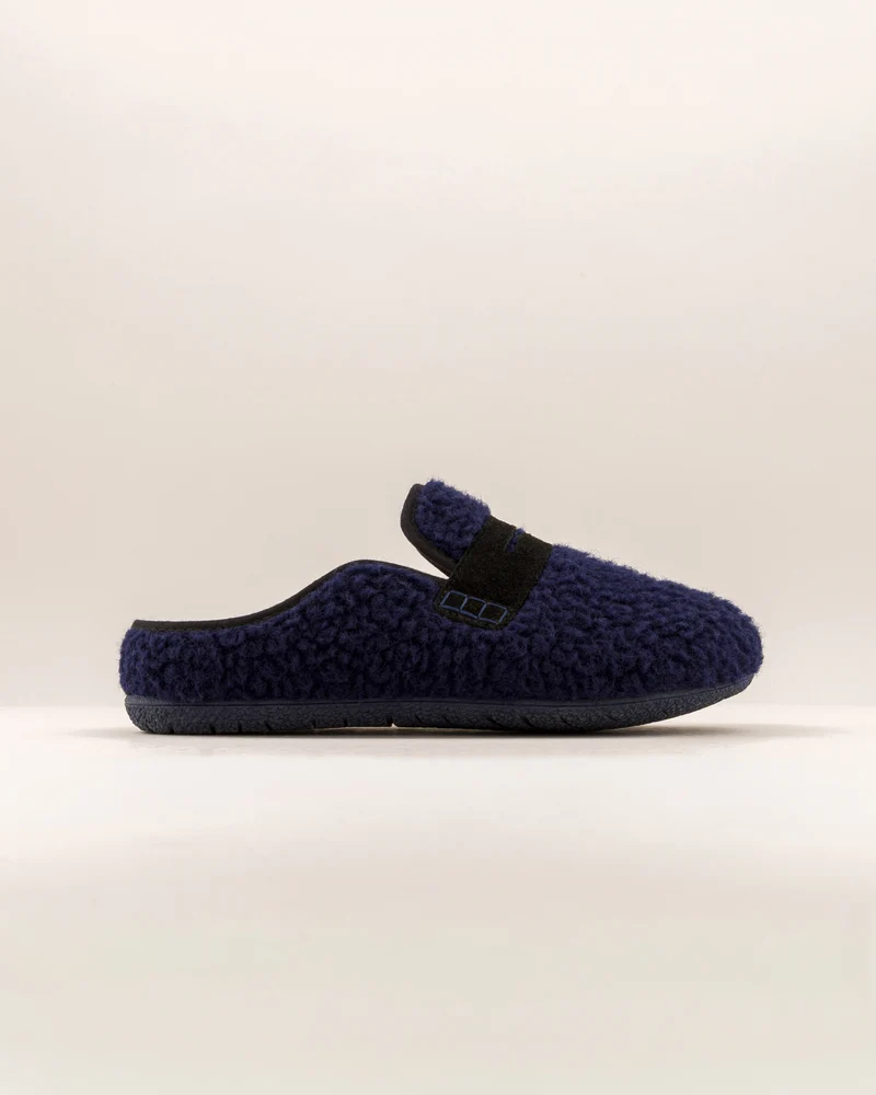 Mule femme Villars, Bouclette laine marine et cuir suède noir