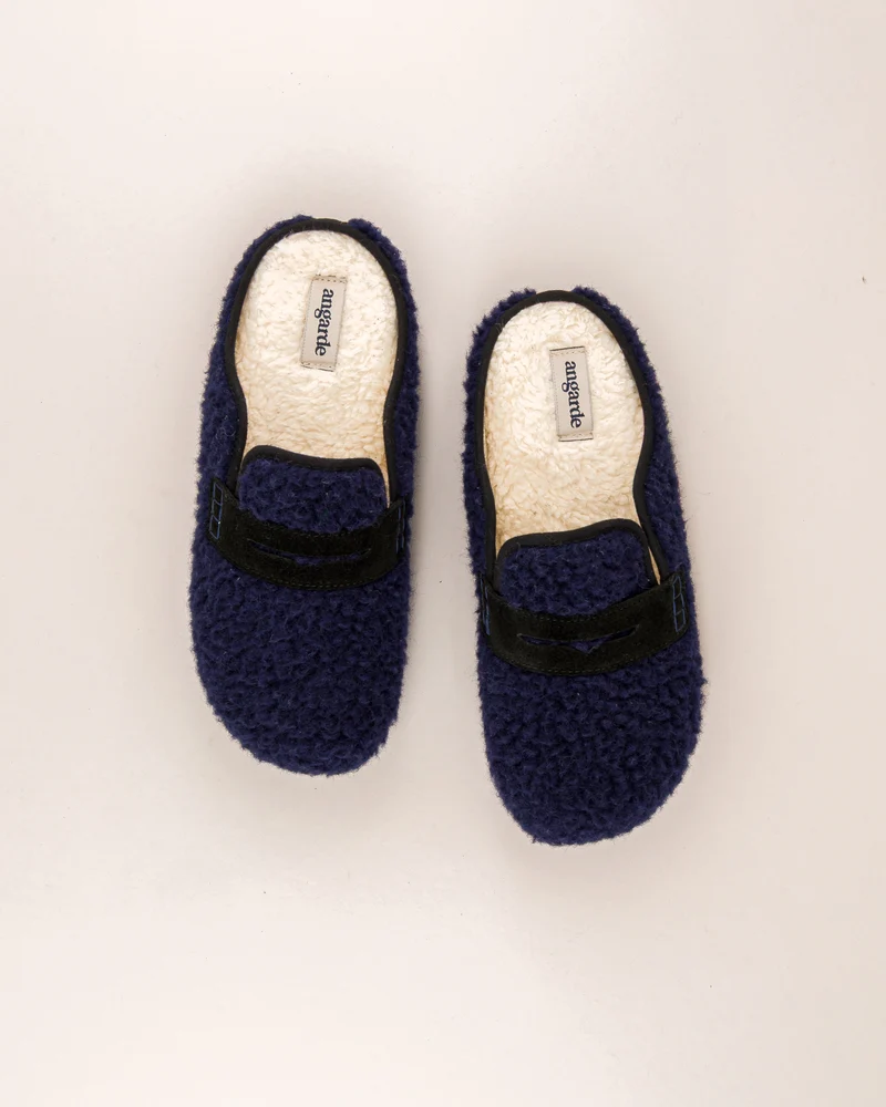 Mule femme Villars, Bouclette laine marine et cuir suède noir