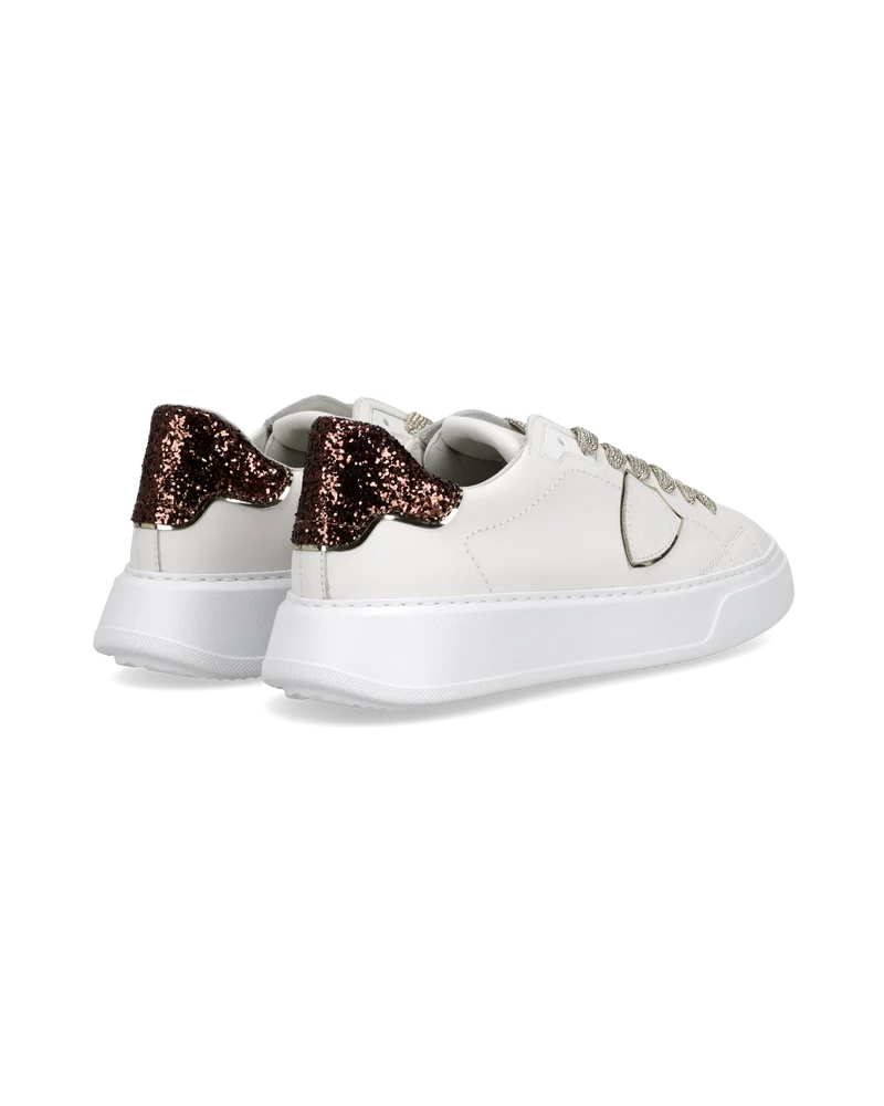 Sneakers Temple Women with Glitter Heel Tab, White Brown