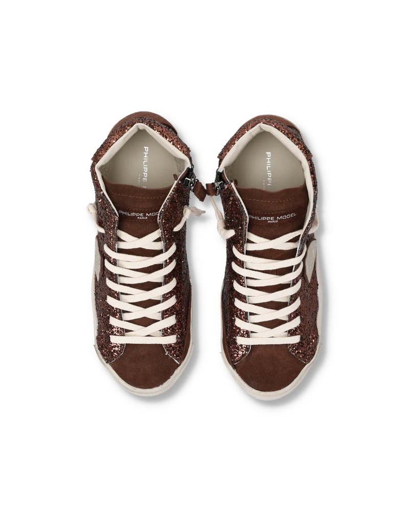 Sneakers Prsx High Women with Glitter Upper, Brown Platinum