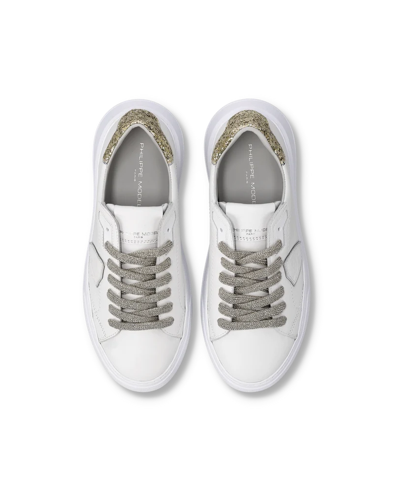 Sneakers Temple Women with Glitter Heel Tab, White Gold