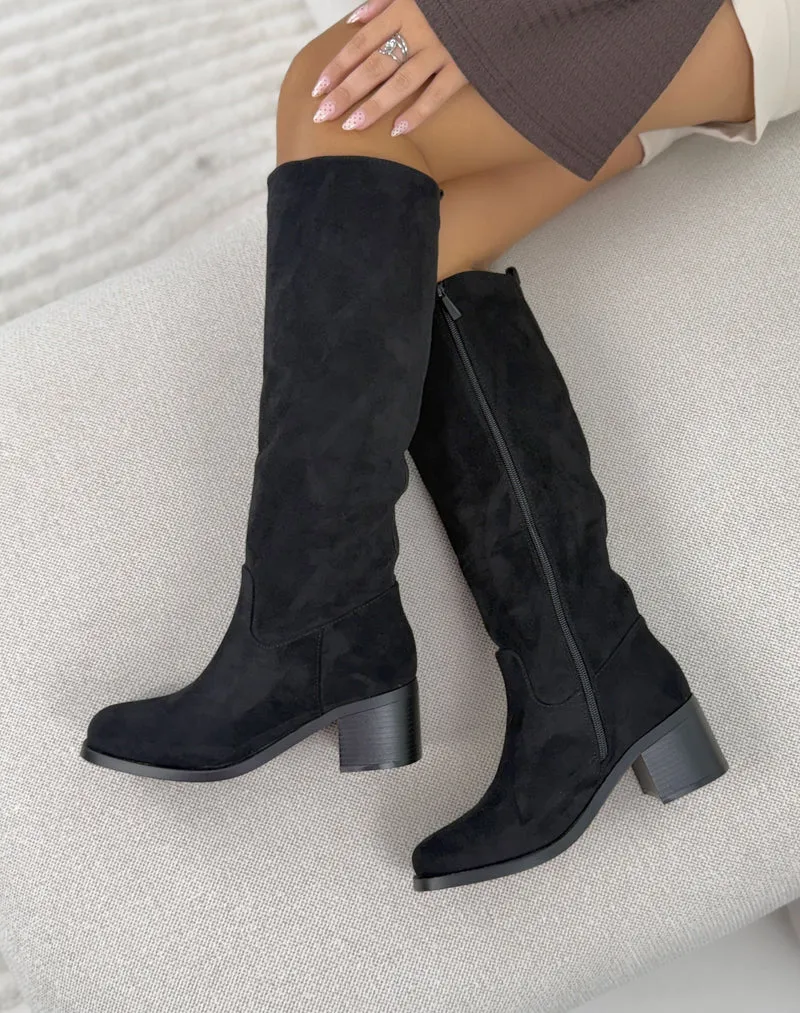 Bottes femme noires élégantes en suédine à talon épais moyen