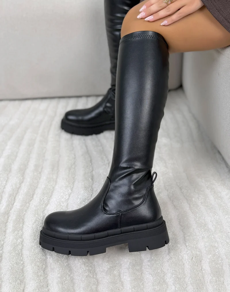 Bottes femme noires tendance effet chaussette à plateforme crantée