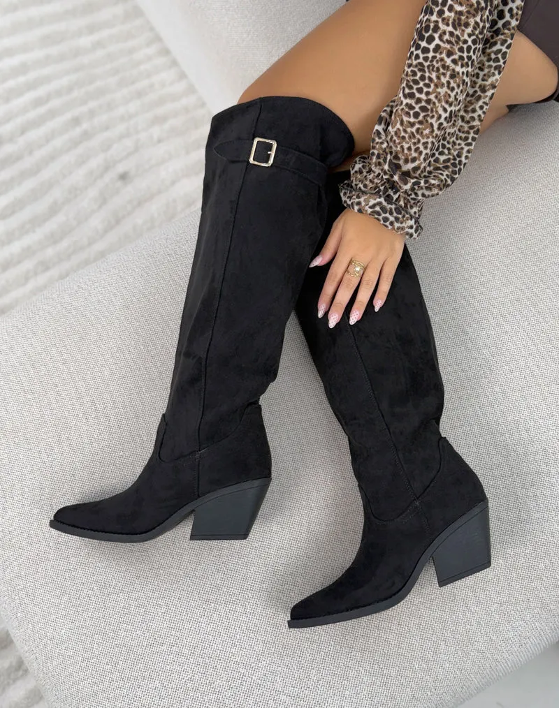 Bottes femme noires tendance en suédine à boucle dorée et talon biseauté