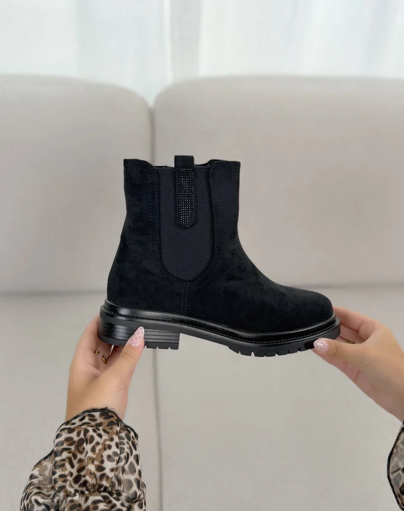 Bottines femme noires tendance style Chelsea en suédine à détail pailleté
