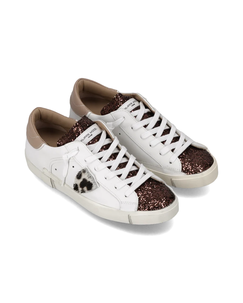 Sneakers Prsx Women with Animal-Print Shield, White Bronze Beige