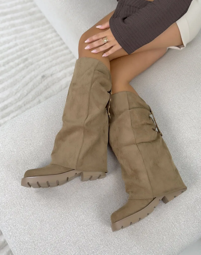 Bottes femme taupe tendance en suédine à revers et semelle crantée