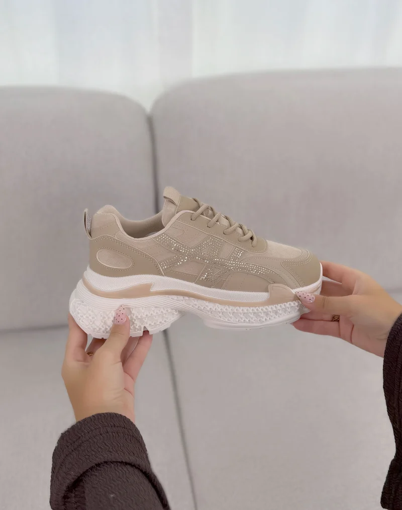 Baskets femme beige tendance à strass taupe et semelle plateforme