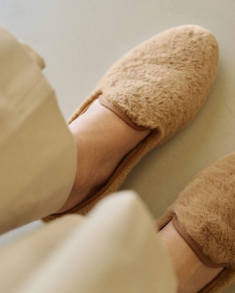 Chausson femme Bruson, effet fourrure cannelle