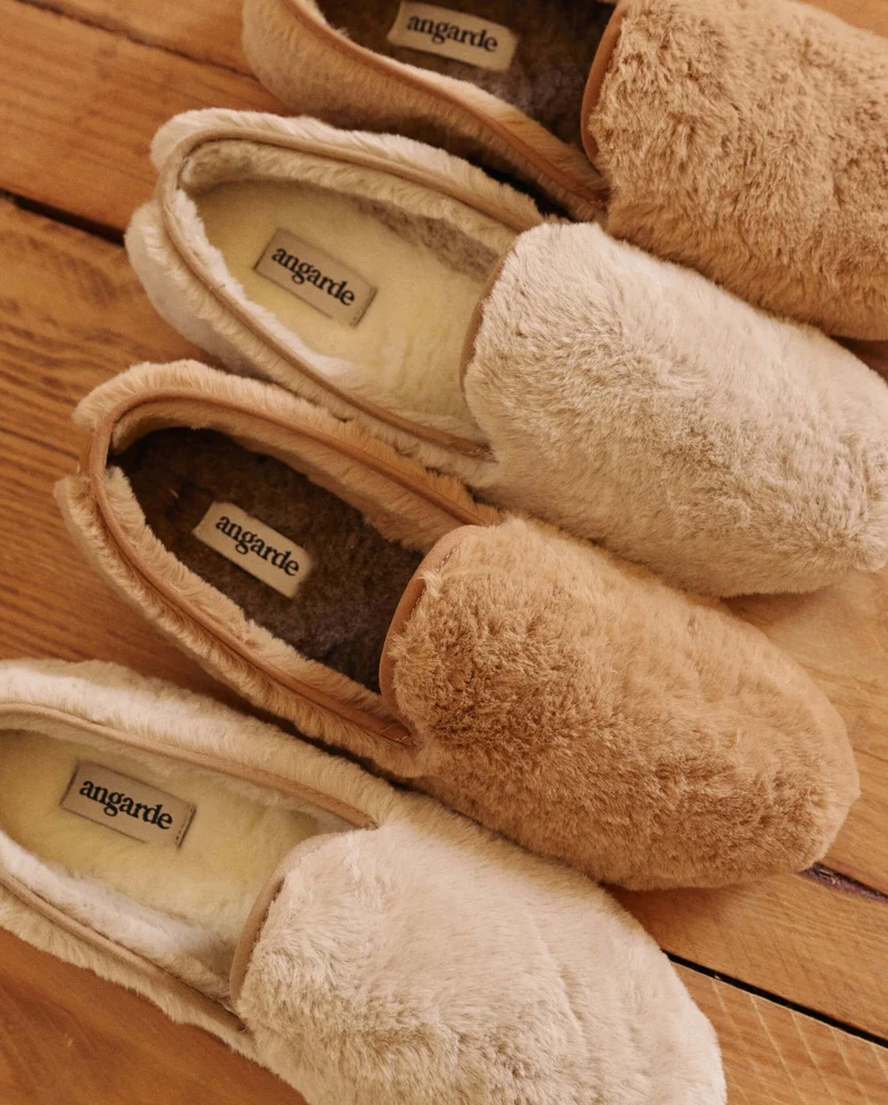 Chausson femme Bruson, effet fourrure beige