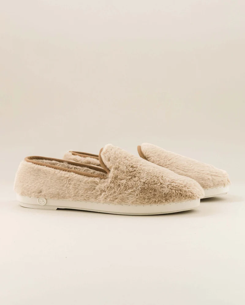 Chausson femme Bruson, effet fourrure beige