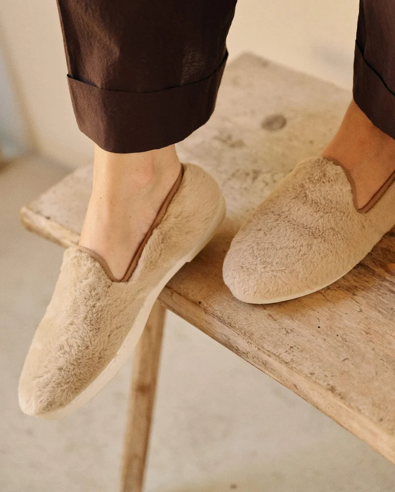 Chausson femme Bruson, effet fourrure beige