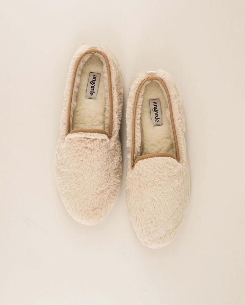 Chausson femme Bruson, effet fourrure beige