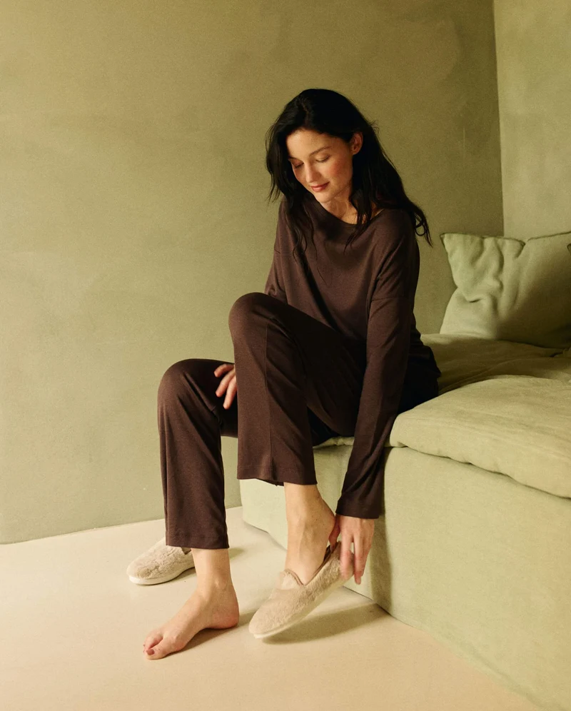 Chausson femme Bruson, effet fourrure beige