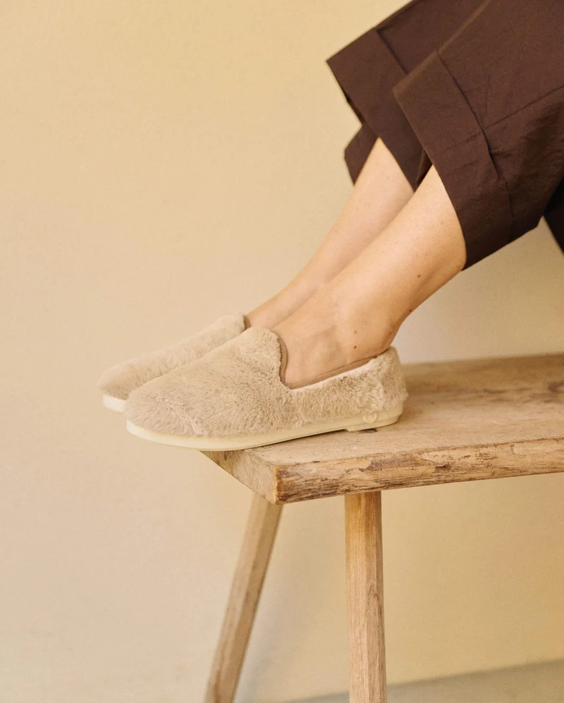 Chausson femme Bruson, effet fourrure beige