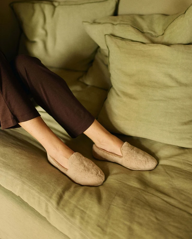 Chausson femme Bruson, effet fourrure beige