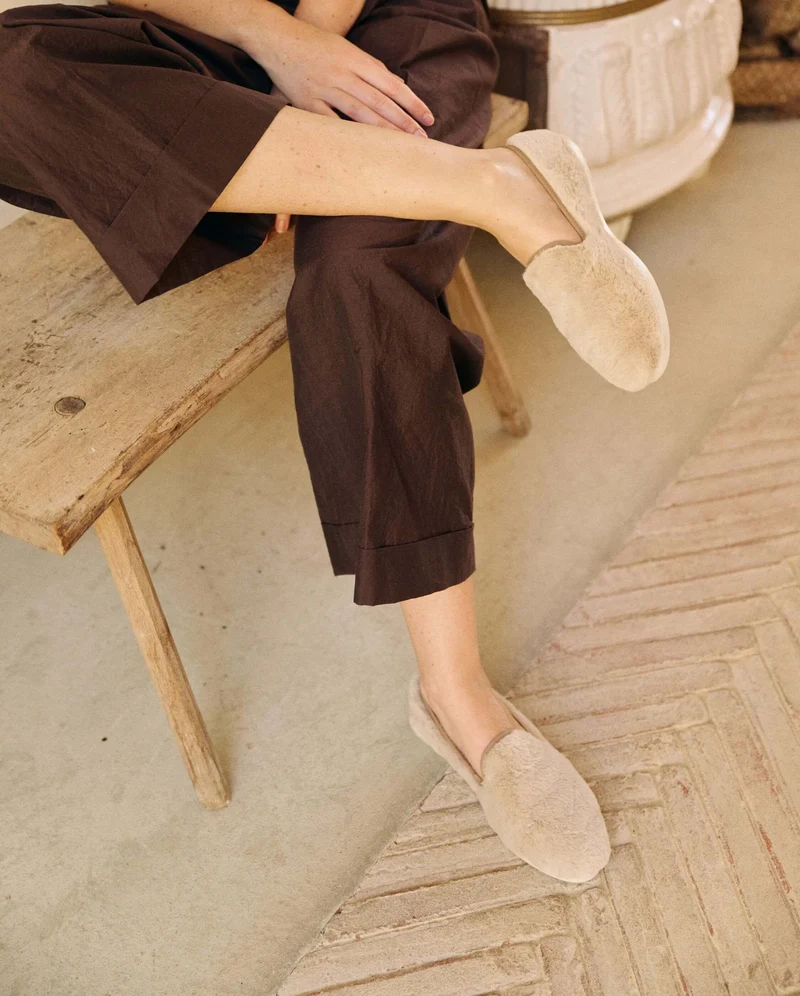 Chausson femme Bruson, effet fourrure beige