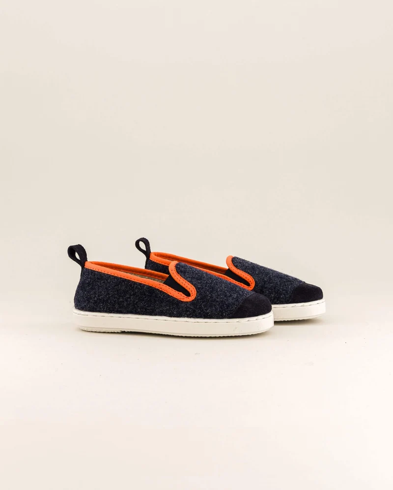 Chausson enfant Bruson, laine marine orange