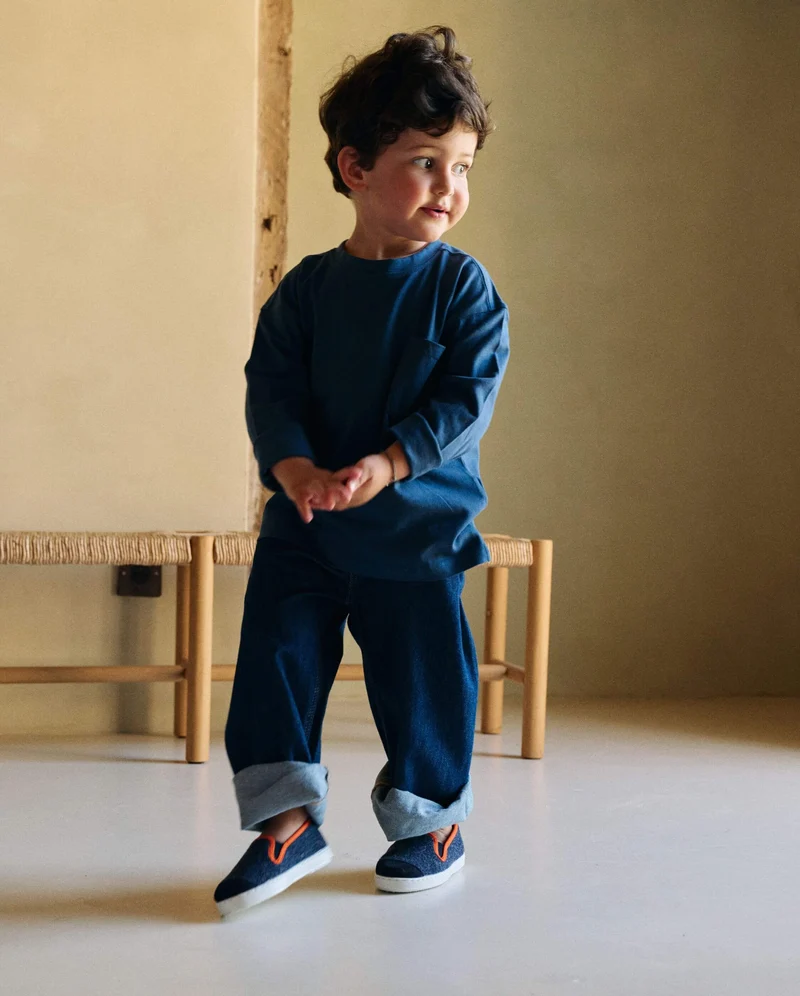 Chausson enfant Bruson, laine marine orange