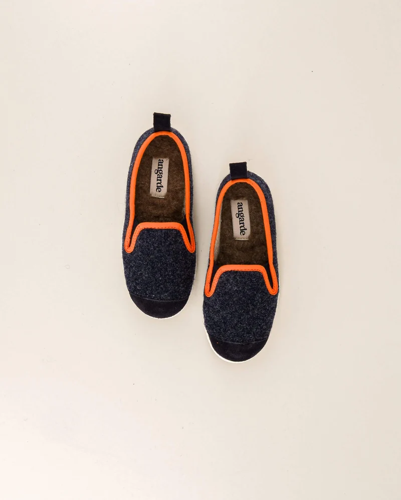 Chausson enfant Bruson, laine marine orange