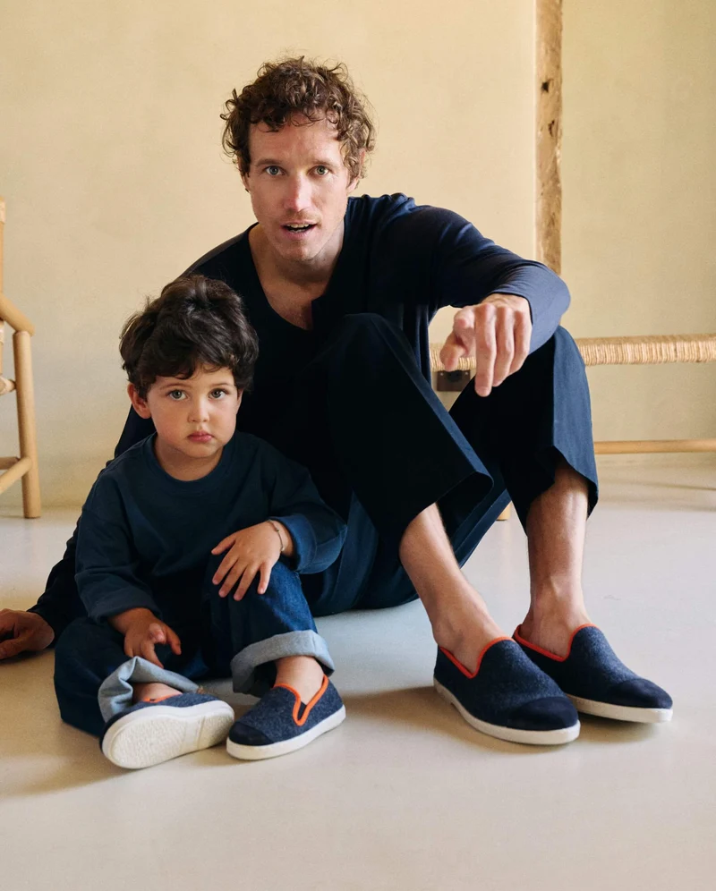 Chausson enfant Bruson, laine marine orange