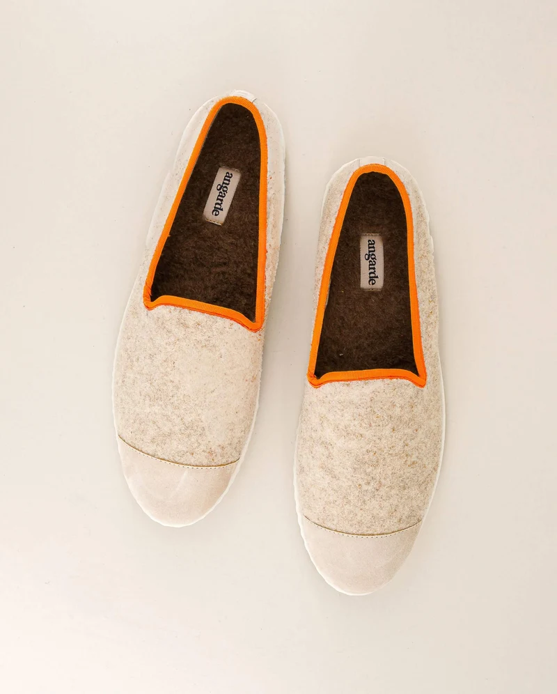 Chausson homme Bruson, laine beige orange fluo