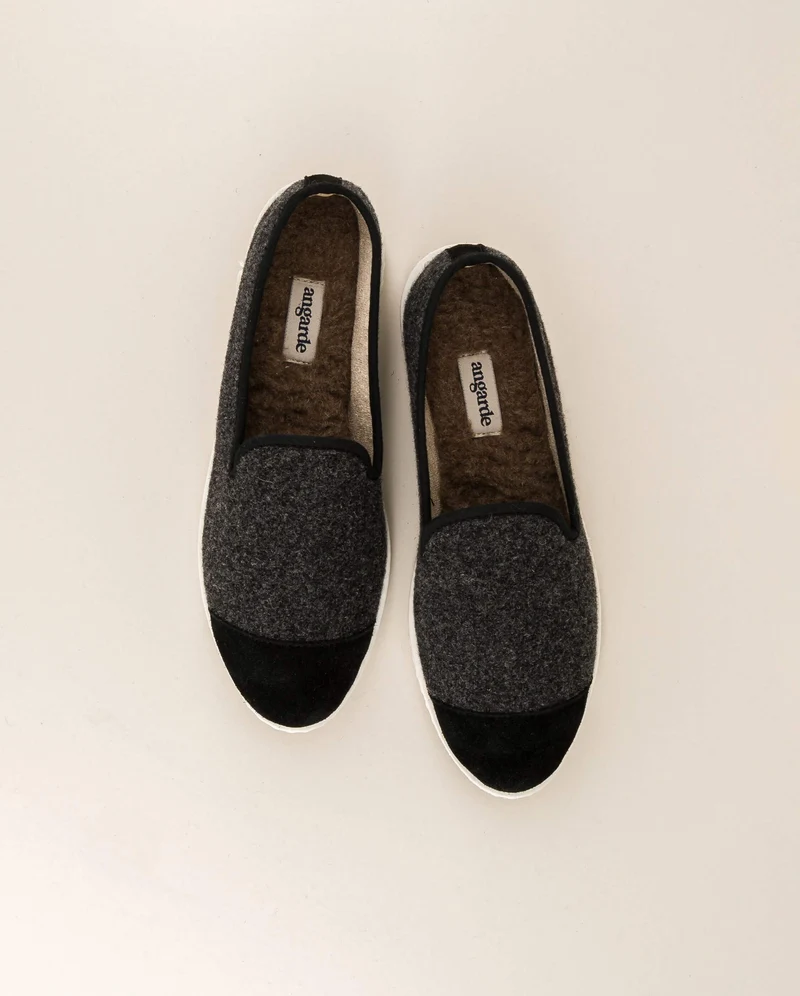 Chausson femme Bruson, laine gris foncé noir