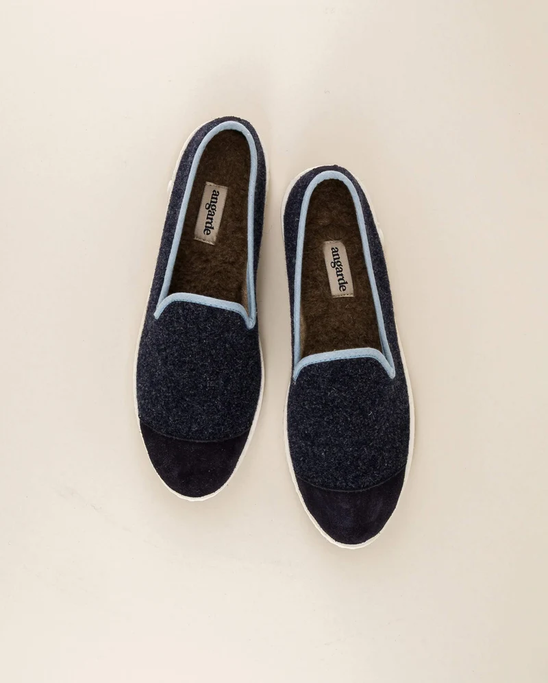 Chausson femme Bruson, laine marine ciel