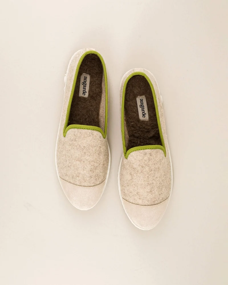 Chausson femme Bruson, laine beige pistache