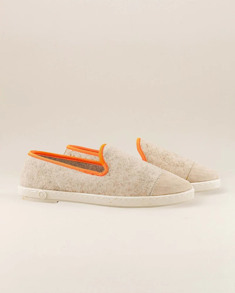 Chausson femme Bruson, laine beige orange fluo
