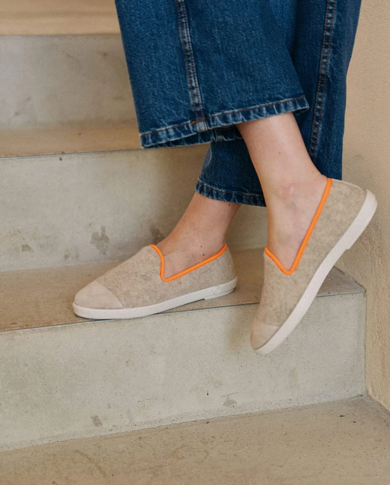 Chausson femme Bruson, laine beige orange fluo