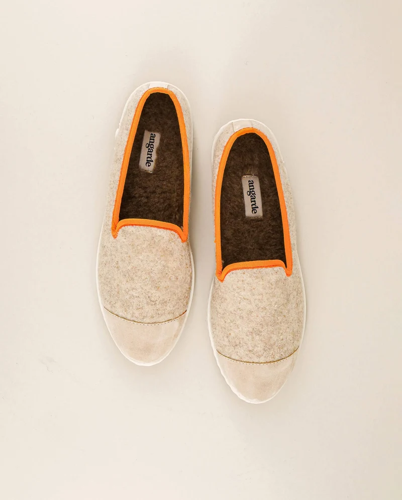 Chausson femme Bruson, laine beige orange fluo