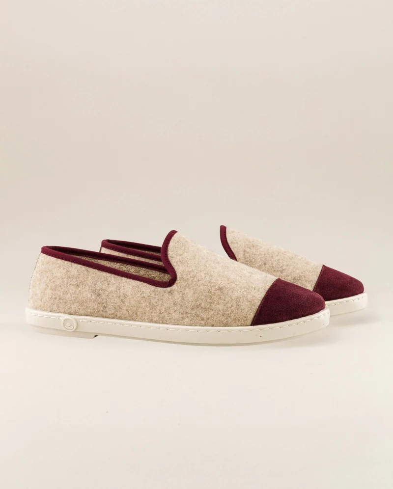 Chausson femme Bruson, laine beige bordeaux